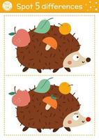 Find differences game for children. Autumn forest educational activity with hedgehog and mushroom. Printable worksheet with cute animal. Woodland puzzle for kids. Fall preschool sheet vector