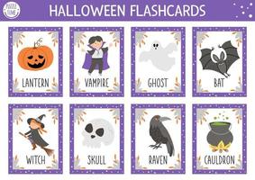Vector Halloween flash cards set. English language game with cute witch, lantern, vampire for kids. Autumn Fall holiday flashcards. Simple educational printable worksheet.