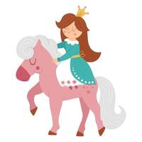 princesa de vector de cuento de hadas montando un caballo rosa. chica de fantasía en corona aislado sobre fondo blanco. sirvienta de cuento de hadas medieval. icono mágico de dibujos animados de niña con carácter lindo.