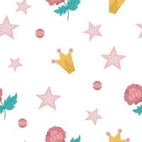 Vector seamless pattern with pink rose, stars, crowns, gems. Simple fairy tale princess repeat background. Girlish cartoon magic texture with fantasy objects