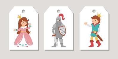 Cute set of fairytale price tag templates or cards with princess, prince, knight. Vector fairy tale vertical print templates. Fantasy storybook design for tags, postcards, ads