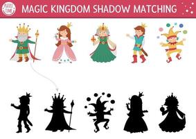 Fairytale shadow matching activity with king, queen, prince, princess. Magic kingdom puzzle with cute characters. Find correct silhouette printable worksheet or game. Fairy tale page for kids vector