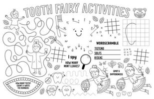 Vector Tooth Fairy placemat for kids. Mouth care printable activity mat with maze, tic tac toe charts, connect the dots, find difference. Black and white dental play mat or coloring page