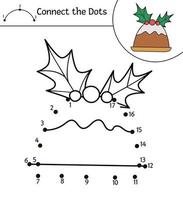 Vector Christmas dot-to-dot and color activity with cute dessert. Winter holiday connect the dots game for children with cherry pudding. Funny coloring page for kids with traditional New Year symbol.