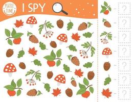 Autumn I spy game for kids. Searching and counting activity for preschool children with cute fall season plants. Funny printable worksheet for kids. Simple thanksgiving spotting puzzle. vector