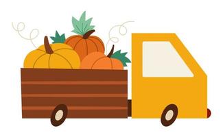 Vector Autumn truck icon with pumpkins. Fall season car with harvest isolated on white background. Cute adorable Thanksgiving holiday illustration for kids