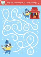 Christmas maze for children. Winter new year preschool printable educational activity. Funny holiday game or puzzle with cute animal and chimney. Help the raccoon get to the stockings vector