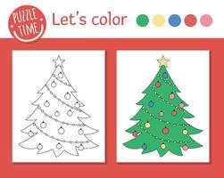 Christmas coloring page for children. Cute funny decorated fir tree. Vector winter holiday outline illustration. New Year party color book for kids with colored example
