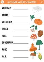 Vector Autumn word scramble activity page. English language game with cute pumpkin, mushroom, umbrella for kids. Fall season family quiz. Simple educational printable worksheet.