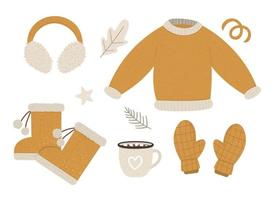 Winter mustard colored clothes set. Collection of vector clothing items for cold weather. Flat illustration of knitted warm sweater, earmuffs, mittens, boots, take away hot drink.