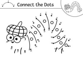 Vector dot-to-dot and color activity with cute caterpillar. Forest connect the dots game for children with funny insect in hat. Woodland coloring page for kids. Autumn holiday printable worksheet