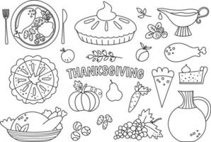 Vector black and white traditional Thanksgiving desserts and dishes set. Cute outline illustration of autumn holiday meal. Fall food line collection with turkey and pumpkin pie