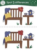 Spring find differences game for children. Garden preschool activity with cozy bench, tea table, cup, pillow. Attention skills puzzle with cute place for rest. vector