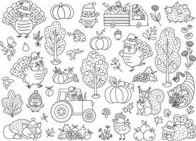vector conjunto de elementos de acción de gracias en blanco y negro. colección de iconos de línea de otoño con pavo, animales, cosecha, cuerno de la abundancia, calabazas, árboles. paquete de contorno de vacaciones de otoño con coche, tractor, fruta
