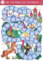 Fairytale dice board game for children with castle, witch, dragon, stargazer. Magic kingdom boardgame.  Fairy tale activity or printable worksheet for kids. Help the prince save the princess vector