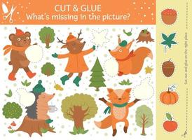 Vector autumn cut and glue activity. Fall season educational crafting game with cute forest animals. Fun activity for kids