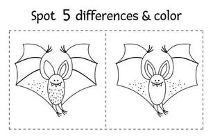 Halloween juego de encontrar diferencias en blanco y negro para niños. actividad educativa de otoño con murciélago divertido. hoja de trabajo imprimible o página para colorear con animal sonriente. vector