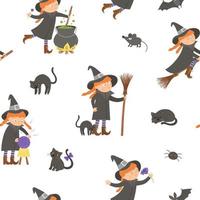 Vector seamless pattern with witches. Digital paper with Halloween characters. Cute autumn all saints eve background with girl on a broom, with cauldron, cat, magic ball for kids.