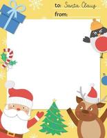 Vector letter to Santa Claus template. Cute Christmas card design. Winter frame layout for kids with funny characters. Festive background with place for text.