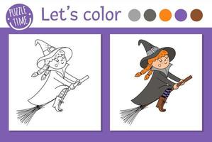 Halloween coloring page for children. Cute funny witch flying on the broom. Vector autumn holiday outline illustration. Trick or treat dress party color book for kids with colored example