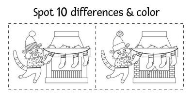 Christmas find differences game and color for children. Winter educational activity with funny raccoon decorating chimney with stockings. Printable worksheet for kids. Cute New Year coloring page vector