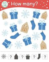 Christmas counting game with gingerbread, snowflake, present, stocking. Winter math activity for preschool children. How many objects worksheet. Educational puzzle for kids. vector