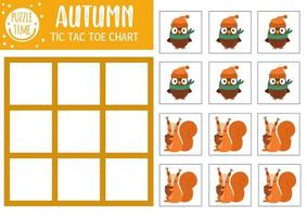 Vector autumn forest tic tac toe chart with cute owl and squirrel. Woodland board game playing field with animal and bird. Funny printable worksheet for kids. Fall noughts and crosses grid