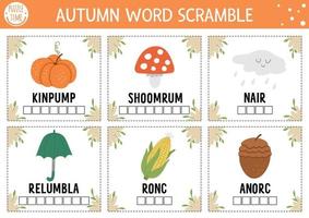 Vector Autumn word scramble activity cards. English language game with cute pumpkin, mushroom, umbrella for kids. Fall season family quiz. Simple educational printable worksheet set.