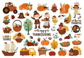 vector conjunto de elementos de acción de gracias. colección de iconos de otoño con divertidos peregrinos, nativos americanos, pavo, animales, cosecha, cuerno de la abundancia, calabazas, árboles. paquete de vacaciones de otoño con coche, tractor, frases