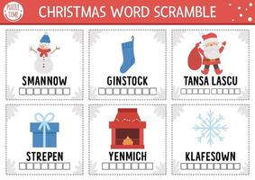 Vector Christmas word scramble activity cards. English language game with cute Santa Claus, Christmas tree, snowman for kids. Holiday winter party family quiz. Simple educational printable worksheet.