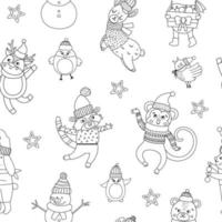 Vector seamless pattern with black and white Christmas characters. Repeating background with Santa Claus, funny animals, snowman. Cute winter digital paper for decorations or new year design.