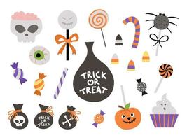 Set of vector sweets for trick or treat game. Traditional Halloween party food. Scary lollypops, caramel, candy sticks collection. Spider, ghost, skull shaped desserts pack. Autumn holiday design