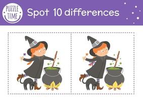 Halloween find differences game for children. Autumn educational activity with funny witch, cauldron and black cat. Printable worksheet with smiling character. Cute all saints day scene vector