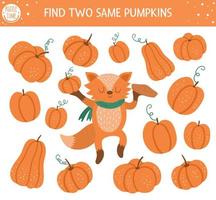 Find two same pumpkins. Autumn matching activity for children. Funny educational fall season logical quiz worksheet for kids. Simple printable game with vegetables and cute orange fox vector