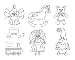 Cute Christmas black and white toys collection. Vector New Year line gifts for kids. Santa Claus presents for children. Rocking horse, Teddy bear, doll, gnome, car, train.