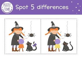 Halloween find differences game for children. Autumn educational activity with funny witch, spider and black cat. Printable worksheet with smiling character. Cute all saints day scene vector