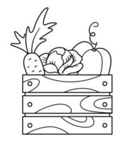 vector caja de madera en blanco y negro con zanahoria, repollo, calabaza. esbozar el concepto de cosecha de otoño. Ilustración de línea vegetal divertida aislada sobre fondo blanco. icono de comida sana