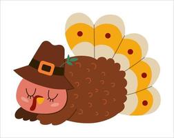 Vector Thanksgiving turkey in pilgrim hat. Autumn bird icon. Fall holiday sleeping animal with closed eyes isolated on white background