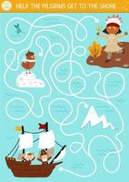 Thanksgiving Day maze for children. Autumn holiday preschool printable activity. Fall labyrinth game or puzzle with first Americans sailing on Mayflower and native Indian. Help pilgrims get to shore vector