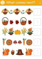 What comes next. Thanksgiving matching activity for preschool children with traditional holiday symbols. Funny autumn puzzle. Fall logical worksheet. Continue the row game. vector