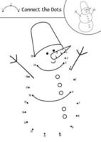 vector navidad punto a punto y actividad de color con lindo muñeco de nieve. vacaciones de invierno conecta el juego de puntos para niños con muñeco de nieve. Página para colorear para niños con el símbolo tradicional de año nuevo.