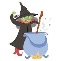 Fairy tale vector green witch with cauldron preparing potion. Fantasy sorceress in tall hat isolated on white background. Fairytale or Halloween character. Cartoon magic icon