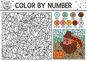 Vector Thanksgiving color by number activity with turkey and pumpkin in the field. Autumn holiday counting game with cute bird. Funny fall or farm coloring page for kids.