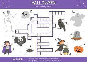 Vector Halloween crossword puzzle for kids. Simple quiz with all saints day objects for children. Educational activity with traditional scary objects, such as witch, ghost, tomb, vampire