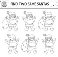 encontrar dos mismos santas. Actividad de emparejamiento navideño para niños. divertida hoja de trabajo de prueba lógica educativa de invierno para niños. simple juego de año nuevo imprimible con santa claus vector