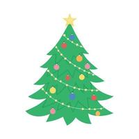 Vector decorated Christmas tree isolated on white background. Cute funny illustration of new year symbol. Flat style picture of fir or spruce tree for decorations or design.