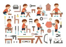 vector conjunto de niños haciendo carpintero, construcción o carpintería y herramientas. personaje de niño plano divertido serrar, clavar, medir, perforar una pared, atornillar, trabajar con un avión, pintar una caja de nido.