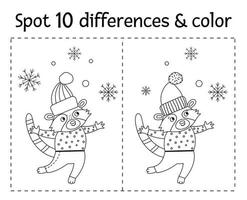 Navidad encuentra juego de diferencias y color para niños. Actividad educativa de invierno con mapache divertido y copos de nieve. hoja de trabajo imprimible para niños. Linda página para colorear de año nuevo con animal en suéter vector