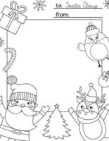 Vector black and white letter to Santa Claus template. Cute Christmas card design. Winter frame layout for kids with funny characters. Festive background or coloring page with place for text.