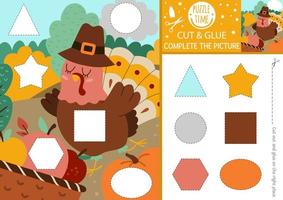 Vector Thanksgiving day cut and glue activity. Autumn crafting game with cute farm harvest scene with turkey. Fun printable color and shape recognition worksheet for children. Complete the picture